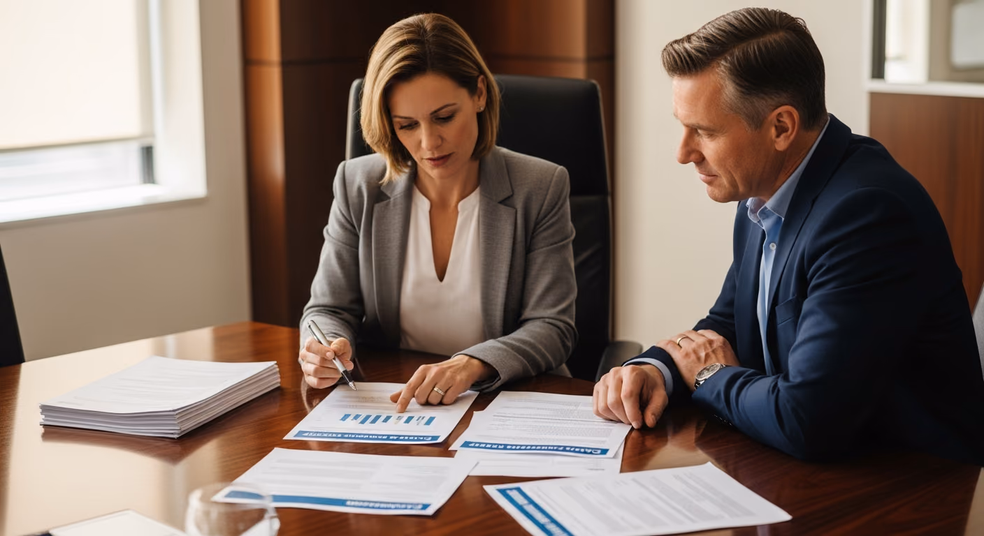 Insurance advisers in a corporate boardroom reviewing risk and coverage strategy